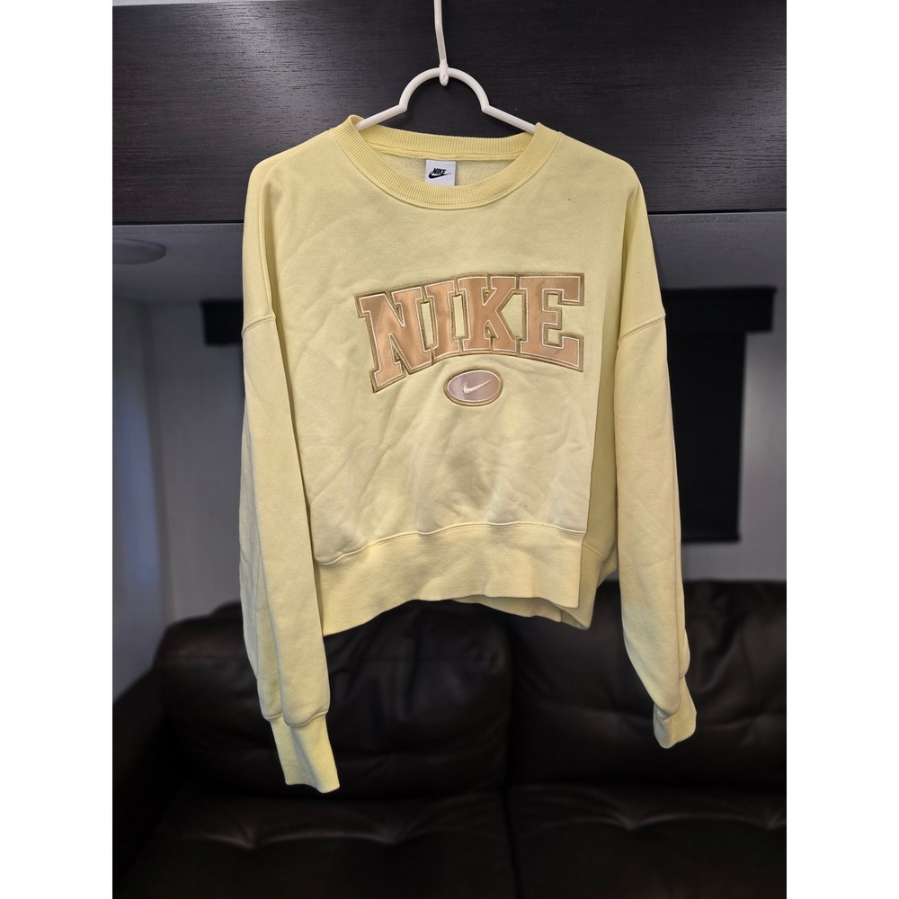 Nike Womens Cropped Sweatshirt Pale Yellow Satin Applique Logo Fleece XS